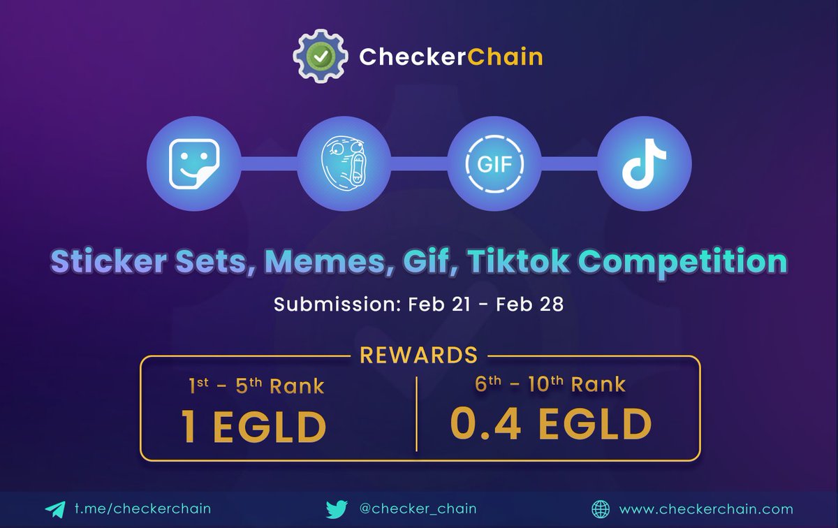 Announcing Competition:
➡️ Submit stickers, memes, Gif, Tiktok related to #CheckerChain 
😇 10 winners will share 7 $EGLD reward

✅ Detail Link: docs.checkerchain.com/specials/ongoi…