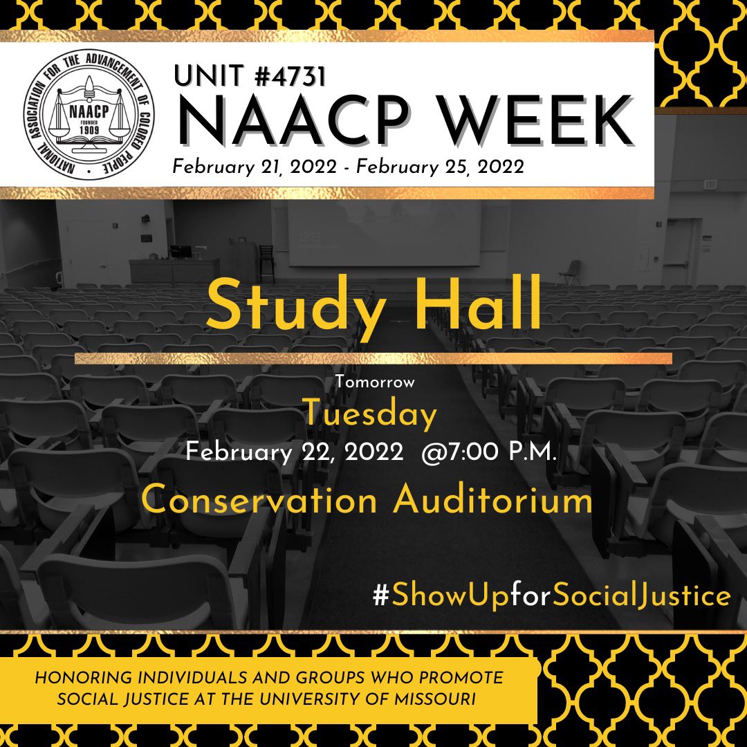 Happy NAACP Week!! We hope everyone’s week is off to a great start! As a reminder, we will be hosting study hall tomorrow in conservation auditorium at 7:00 p.m! Let’s work to get this 4.0!! #naacpweek