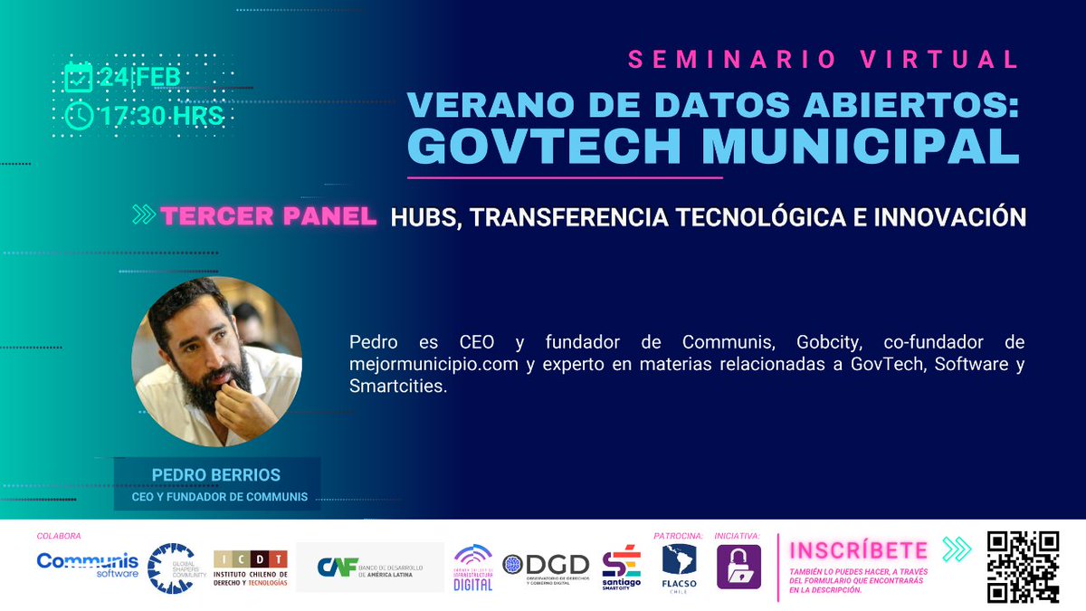 📣3er Panel del #SeminarioVirtual 🏖️#Verano de Datos Abiertos 2022 versión GovTech Municipal😁

🟣Escanea el código QR, o completa el formulario my.mtr.cool/wbqogdotqc 
🗓 23 y 24 |Feb 2022

<a href="/Flacso_Chile/">FLACSO Chile</a> <a href="/Communis_sw/">Communis Software</a> <a href="/IDICAMChile/">Cámara Chilena de Infraestructura Digital</a> <a href="/Chile_ICDT/">Instituto Chileno de Derecho y Tecnologías</a> <a href="/GlobalShaperSCL/">Global Shapers Hub Santiago</a> <a href="/SeSantiagoCL/">Sé Santiago Smart City</a>