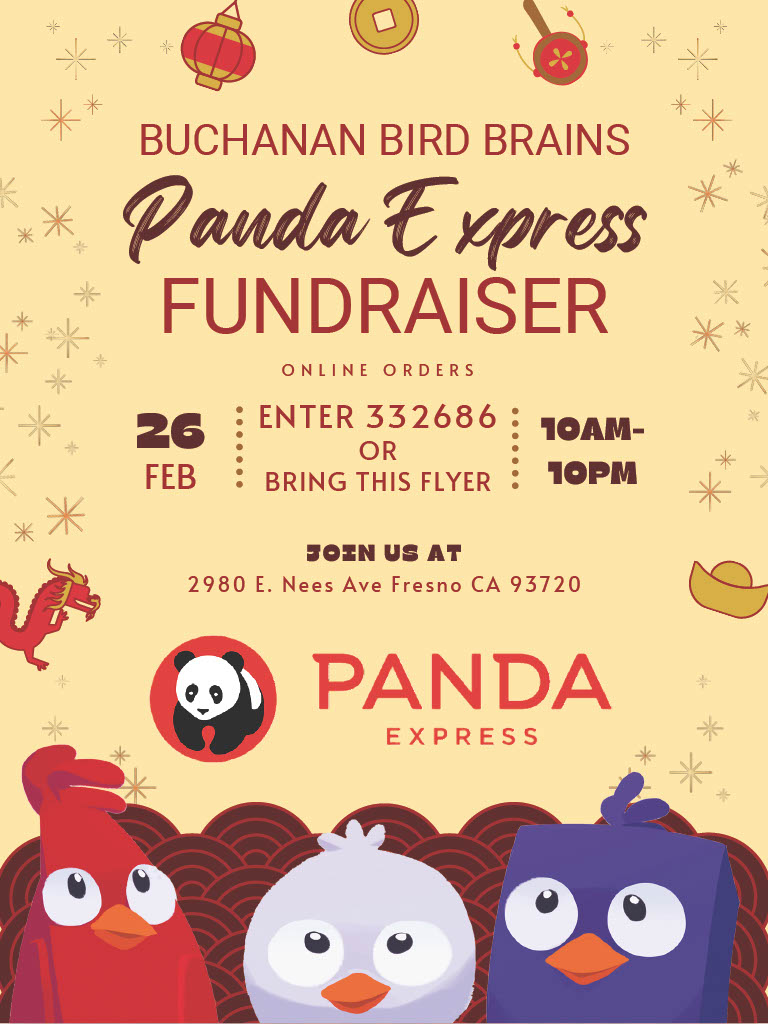 Help a bird out by attending Team 1671's fundraiser at Panda Express this Saturday, February 26th! Both in-person orders and online orders will go back to the Bird Brains. Check out the flyer for all the details!

#buchananbirdbrains #firstrobotics #pandaexpress #fundraiser