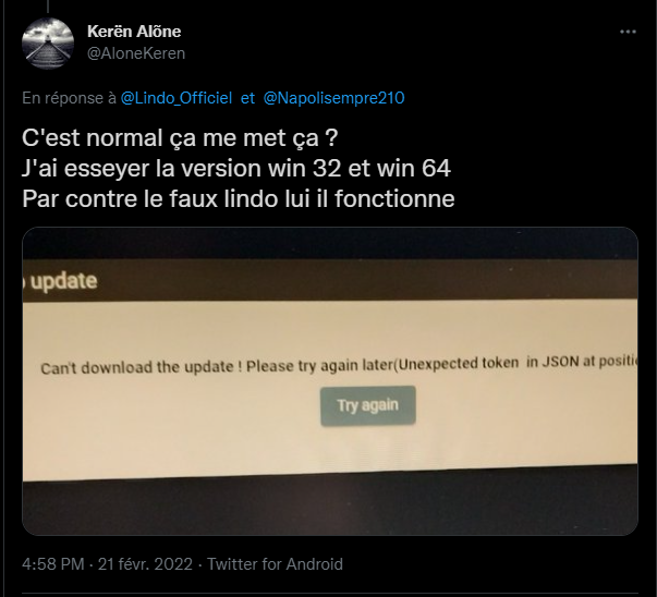 Lindo_Officiel's tweet photo. Si jamais vous rencontrer ce genre d'erreur je vous invite a supprimer le cache de Lindo pour régler le problème,

Windows + R
%appdata%
Supprimer le dossier Lindo

PS : Vérifier votre lien d'installation ( voir lien de notre site en bio) https://t.co/OSh8v9yAYI
