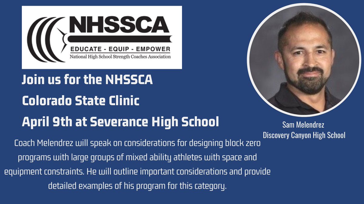 NHSSCA-COLORADO (@nhssca_co) on Twitter photo Mark your calendars for this event! You won't want to miss it! <a href="/NSCA/">NSCA</a>'s 2021 national high school strength coach of the year <a href="/sammelendrez2/">Sam Melendrez</a> of <a href="/DCCstrength/">DC Thunder Strength</a> will be bringing a wealth of knowledge that can benefit any coach. Registration will be opening soon! Mark your calendars for this event! You won't want to miss it! <a href="/NSCA/">NSCA</a>'s 2021 national high school strength coach of the year <a href="/sammelendrez2/">Sam Melendrez</a> of <a href="/DCCstrength/">DC Thunder Strength</a> will be bringing a wealth of knowledge that can benefit any coach. Registration will be opening soon!