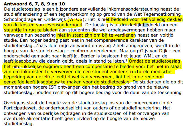De minister schrijft: Studietoeslag is een compensatie voor het niet in staat zijn om inkomsten te verwerven tijdens je studie door je beperking. Toch is €150 niet in verhouding tot wat een student zonder beperking gemiddeld verdient: €345 ! (bron cbs)