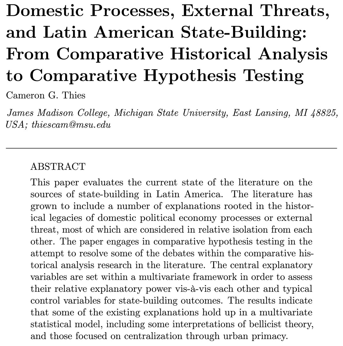 New in <a href="/JHPE_journal/">JHPE</a>: <a href="/CameronThies/">Cameron Thies</a> evaluates the current state of the literature on the sources of state-building in Latin America. engages in comparative hypothesis testing in the attempt to resolve some of the debates. Free w/registration. nowpublishers.com/article/Detail…
