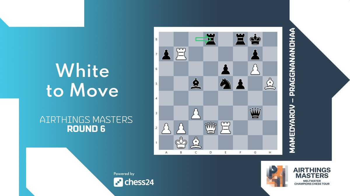 chess24com's tweet photo. #PuzzleMonday - @ChampChessTour Edition. White to move. Remember to always look for all checks, captures, and threats.
โก๏ธ Play through the full game to see the winning sequence that Mamedyarov found: https://t.co/alOfOzv94V #ChessChamps #AirthingsMasters https://t.co/umPVMiNJZG