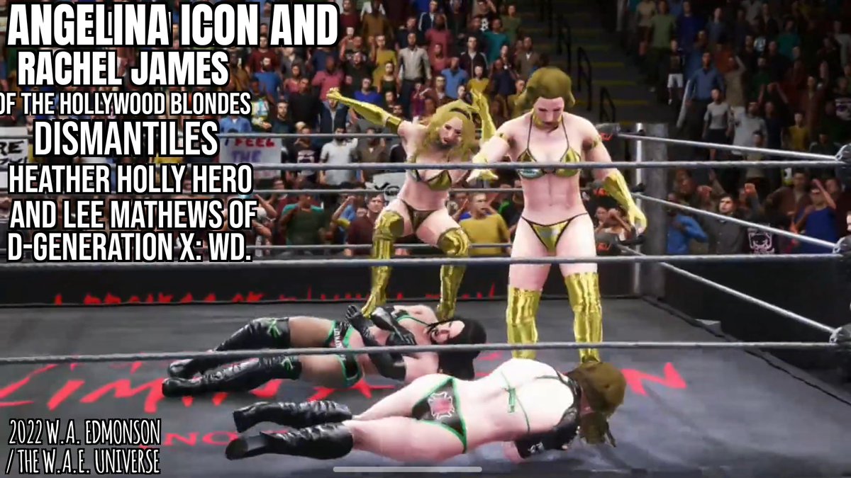 B_eWrestlingTV's tweet photo. #WAEUScreenshot from 2/21/2022. #AngelinaIcon and #RachelJames dismantiles @HHHbyWAE and #LeeMathews after Angelina and Rachel Defeated their rivals in tag team action. #eWrestling #eSports #Gaming #CAW #WWE2K20 #WWE2K #Xbox #AngelinaTheIcon https://t.co/zBOhWkOYXB