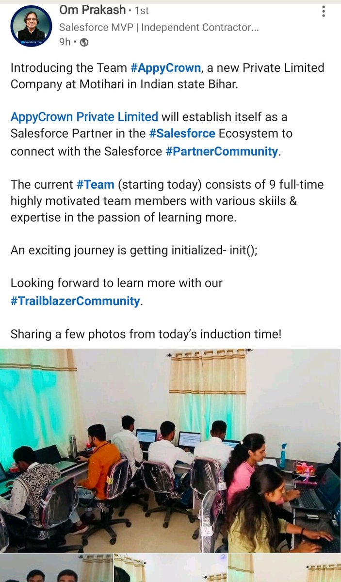 Happy to see to give opportunity to the people of  a small city motihari in IT sector. Thank you @omprakash_it .
Thanks #Salesforce
#PartnerCommunity