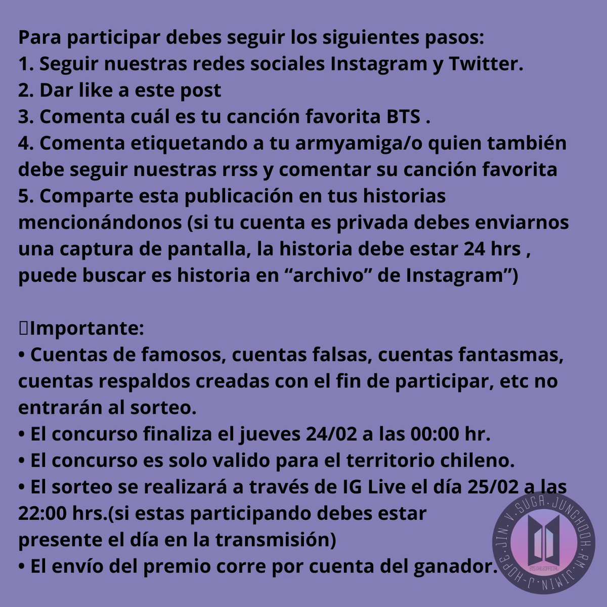 bts_chileoffic's tweet photo. ATENCION #ARMY
¡Y llegaron "las cositas"!
✨Concurso "Box Army"✨💜
Army's 🤗 queremos premiar todo el apoyo que nos han brindado desde el comienzo y es por eso que le traemos una box llena de sorpresas para este sorteo.
Revisa las bases en nuestro link y a participar! https://t.co/2jquZRCOOv