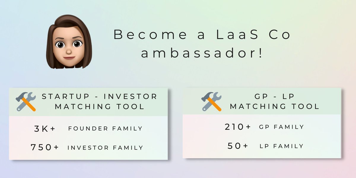 💪🏽 Founders, funders, &amp; friends: <a href="/thelaasco/">LaaS</a> is on the lookout for members to become ambassadors for the Startup-Investor &amp; GP-LP Matching tools, which connects underrepresented founders and funders with investors. Apply here to become an ambassador below.

lolitataub.typeform.com/thelaasco#requ…