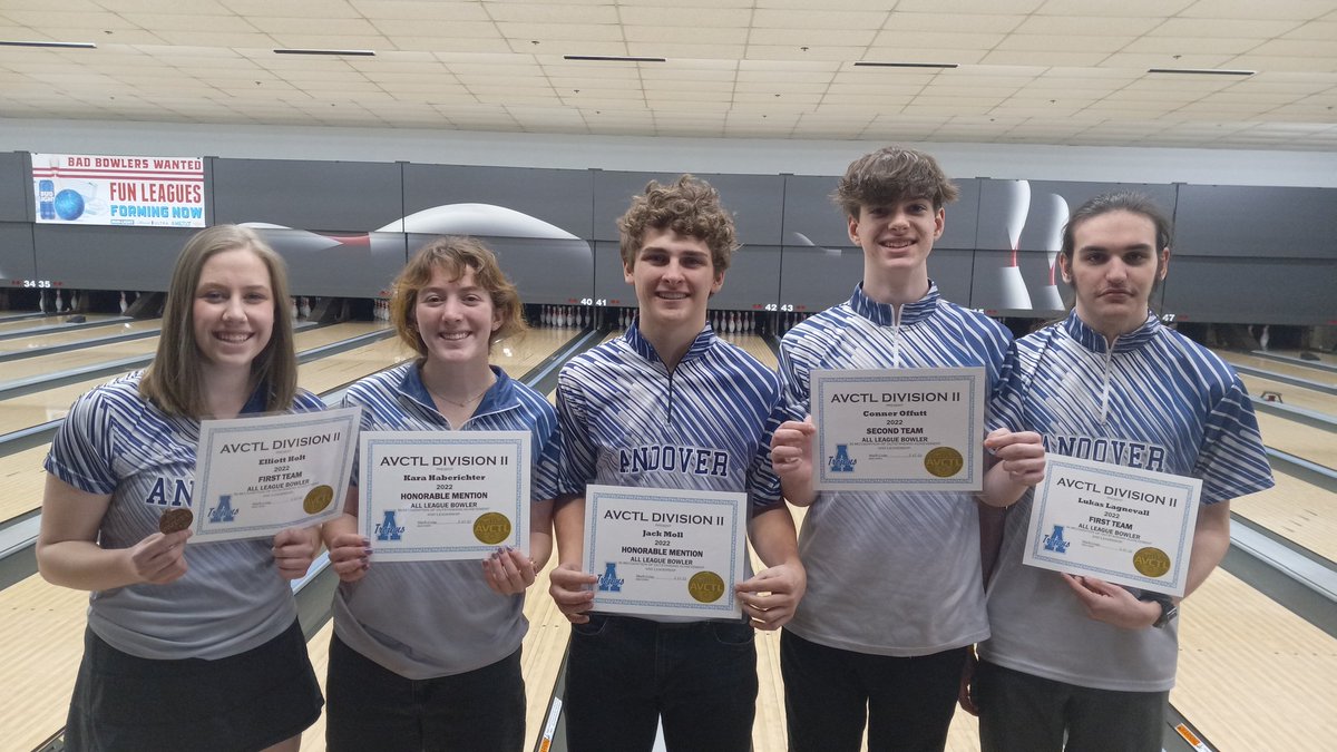 Congratulations to Kara Haberichter for honorable mention all league, Elliott Holt 1st place all league. Jack Moll honorable mention all league, Conner Offutt 2nd team all league and Lukas Lagnevall 1st team all league.  We'll deserved Andover Trojan bowlers!