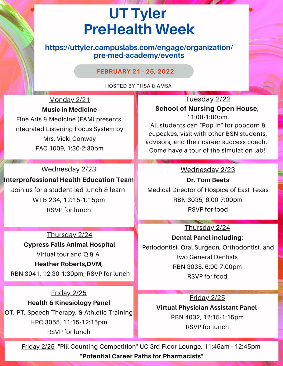 Check out all the Pre-Med Events coming up at uttyler.campuslabs.com/engage/organiz… 

Hope to see you there!😊