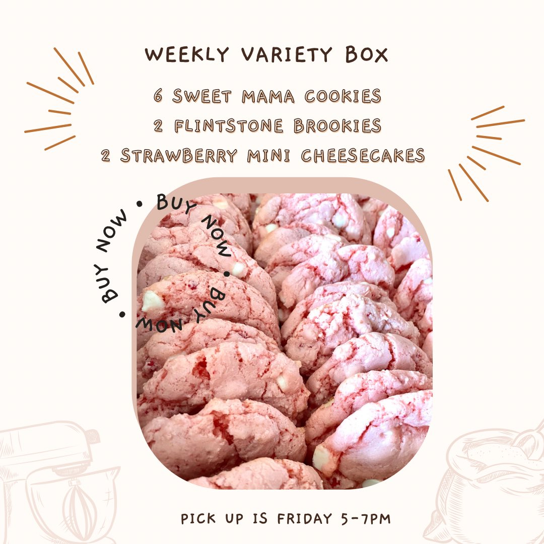 sweetroars's tweet photo. Get your sweet roars fix 🍪 🍓
Weekly variety box has a little bit of everything for your cookie cravings!
Preorder now ‼️Pick up is Friday 5-7pm
#cookies #varietybox #flintstonebrookies #minicheesecakes #cookielovers #localcookiedealer #houtxsmallbusiness https://t.co/Stl5NSKstf