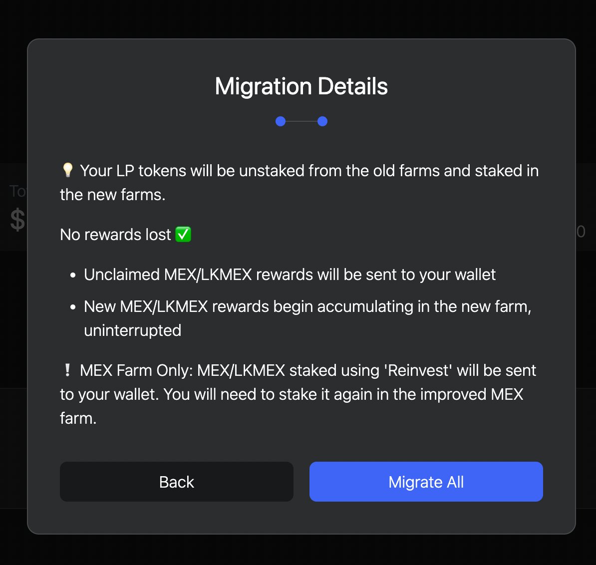 xExchangeApp's tweet photo. The Maiar DEX scheduled maintenance has been completed successfully
 
✅ Farms v1.3 are now live
 
👉 Migrate your farm positions using the “Migrate All” button
 
💡 MEX/LKMEX “reinvested” in the MEX Farm &amp; rewards on all farms will be delivered to your wallet after the migration https://t.co/hULTw1j67n