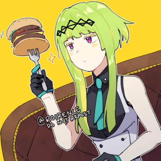 1girl food fork green hair gloves solo short hair with long locks  illustration images