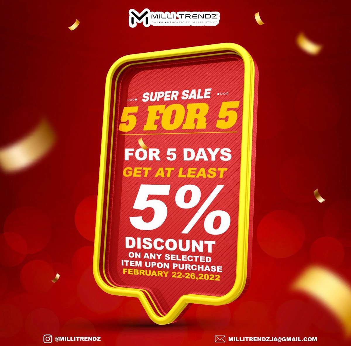 millitrendzja's tweet photo. In celebration of our followers milestone, we want to give back to you, our valid customers, supporters and followers. 

From Tuesday, February 22 - Saturday, February 26, 2022, we are giving back to you in our 5 FOR 5 Sale! https://t.co/ADDIPG96gW