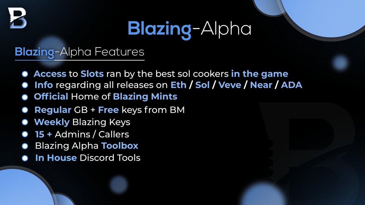 Blazing Alpha (@blazingalpha_) on Twitter photo <a href="/BlazingAlpha_/">Blazing Alpha</a>
- Home of Blazing Mints Bot
- Free Alpha Group Currently In Beta
- Covering all blockchains (VeVe/ADA/SOL/ETH/NEAR)
- 1 On 1 Support
- ACO For SOL Mints
- discord.gg/Hsx33Fyknx <a href="/BlazingAlpha_/">Blazing Alpha</a>
- Home of Blazing Mints Bot
- Free Alpha Group Currently In Beta
- Covering all blockchains (VeVe/ADA/SOL/ETH/NEAR)
- 1 On 1 Support
- ACO For SOL Mints
- discord.gg/Hsx33Fyknx