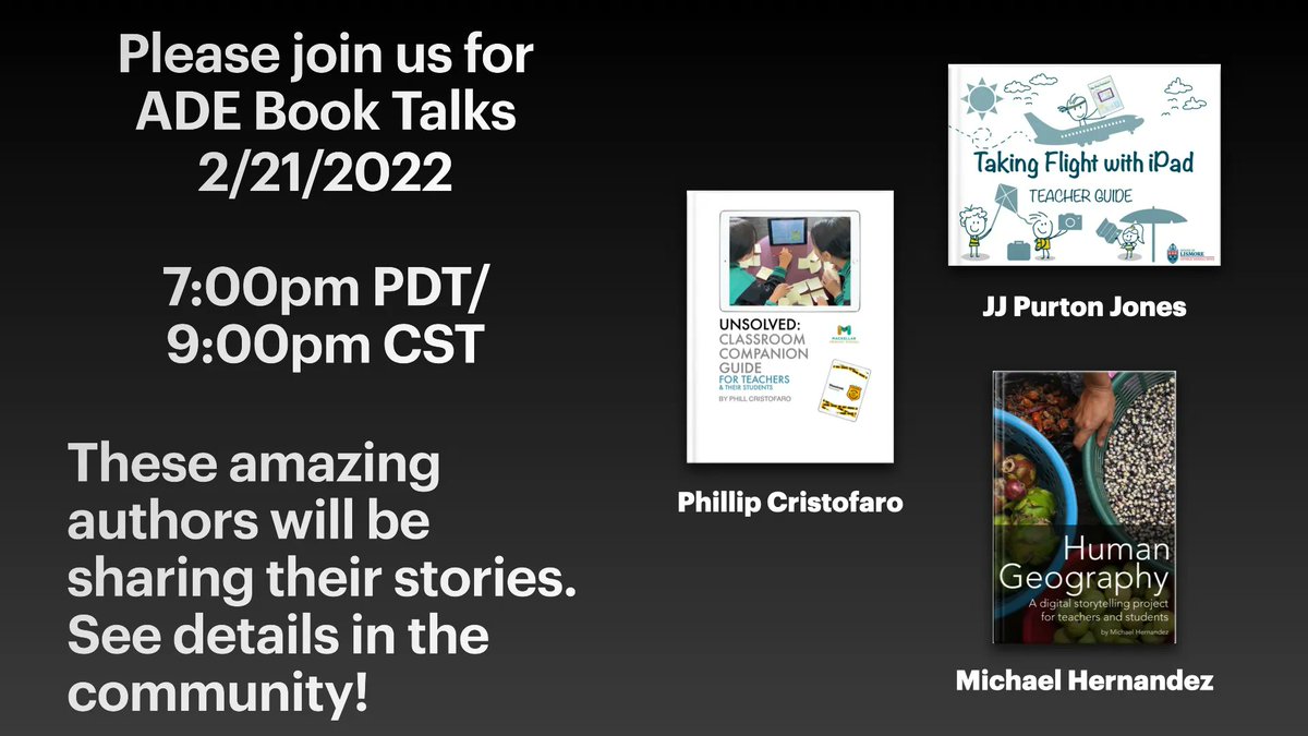 Hope you'll consider joining us today for this month's ADE Book Talk with @JJPurtonJones @cinehead and @phillcristofaro! You can still register at buff.ly/3Bzqtf2 for this event #AppleEDUchat