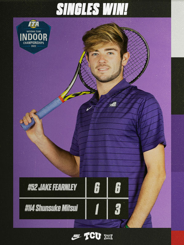 TCU Men's Tennis (@tcumenstennis) on Twitter photo JAKEβοΈ Domination at No. 5 from <a href="/fearnley2001/">Fearnley</a>! TCU leads by two!
No. 5 TCU 2 - No. 3 Tenn. 0
#GoFrogs x #ITAIndoors JAKEβοΈ Domination at No. 5 from <a href="/fearnley2001/">Fearnley</a>! TCU leads by two!
No. 5 TCU 2 - No. 3 Tenn. 0
#GoFrogs x #ITAIndoors