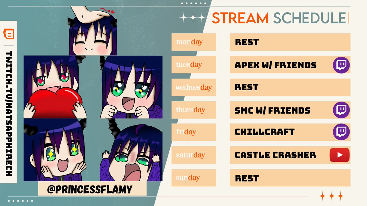 NatsapphireC's tweet photo. Schedule for 21 feb till 27 feb~ with new emotes by @PrincessFlamy
https://t.co/6D1Y8YtxWQ
#SweabsG #Sweabs #ApexLegends #Minecraft #castlecrasher #twitch https://t.co/fE8S5FvcGo