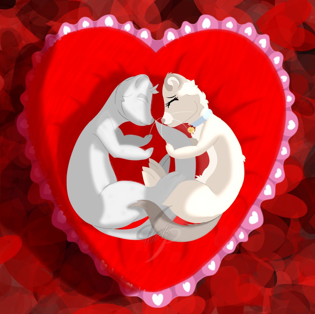 Part two of my Valentine's Day piece. Decided to add a friend's OC so my fuzzball isn't so lonely. ^^ 

#valentines2022 #valentinesday #art #ferrets #furry #furryoc #furryart #fursona #experiment #heartpillow