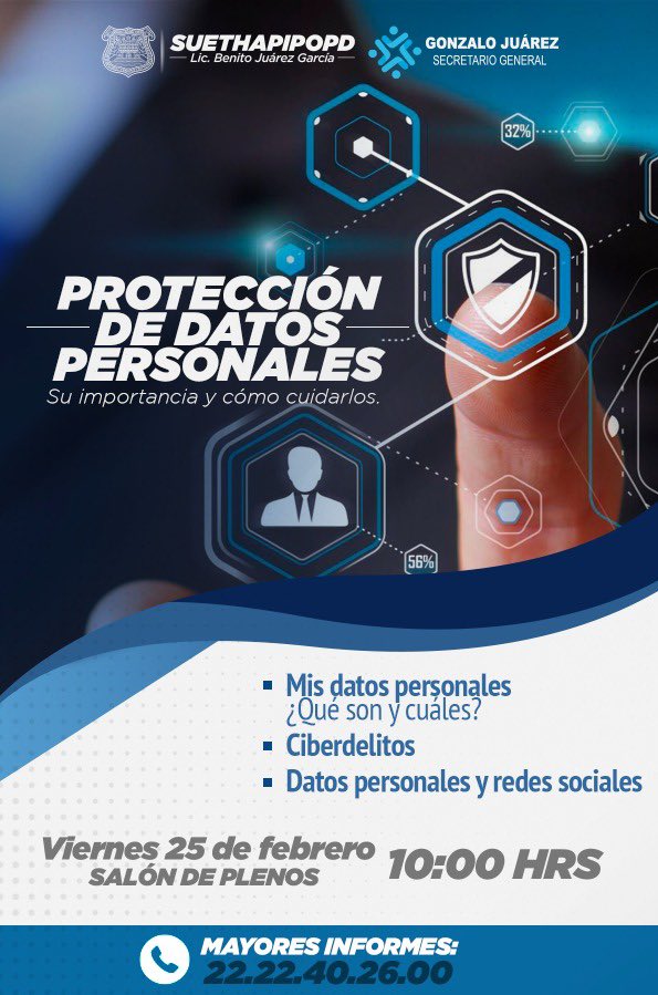 SUETHAPIPOPDOFL's tweet photo. Compañero, con el motivo de promover la seguridad de datos personales, el #SUETHAPIPOPD, te convoca a participar en el Taller de Protección de Datos Personales, que se llevará a cabo el 25 de febrero en el Salón de Plenos, a las 10:00hrs. https://t.co/ANg8JlzAq8