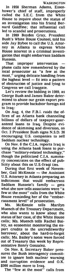 RussellSieg's tweet photo. William Safire July 9, 1992: Obstructing Justice

1958: Ike CoS Sherman Adams corrupt call to SEC to help friend Bernard Goldfine

1989: Boyden Gray, Bush 41 WH Counsel &amp; aide Jay Bybee corrupt call to Atlanta US Atty

#BillBarrArchives
#Iraqgate
#1990sNYTarchives
#SafireArchives https://t.co/5yJcntlFae