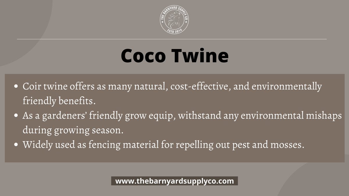 BarnyardSupply's tweet photo. Coco Twine are made of all-natural coir fibers twisted to make twines and ropes. 

Shop now: https://t.co/YG0jQkrbcO

#Cocotwine #coco #twines #coir #cococoir #environmentalfriendly #equipments #usafarms #usafarmer #usagarden #thebarnyardsupplyco #USA #California #oakland https://t.co/YnfFgvrz4N