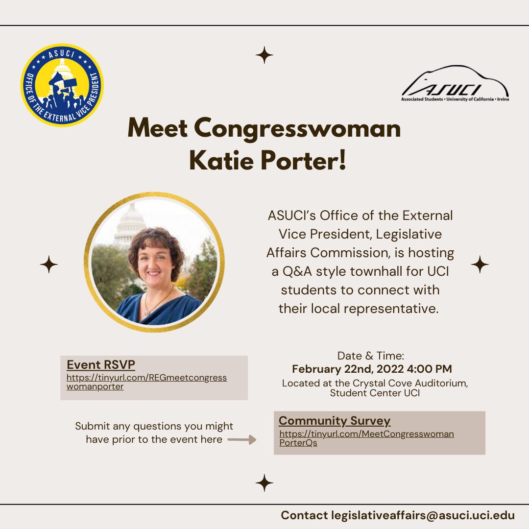The Office of the External Vice President, Legislative Affairs Commission will be hosting “Meet Congresswoman Katie Porter!” on February 22nd, at 4 pm in the Crystal Cove Auditorium, Student Center UCI. (event is RSVP only)

RSVP link: tinyurl.com/REGmeetcongres…