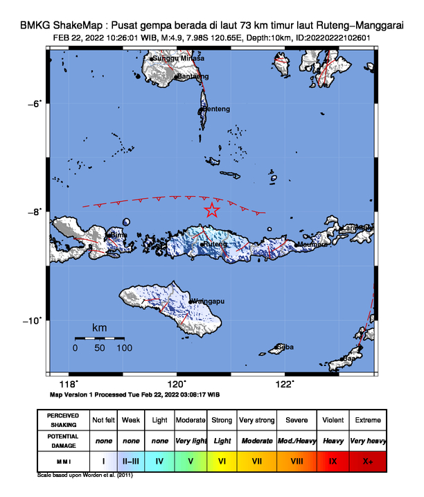 #Gempa Mag:4.9, 22-Feb-22 10:26:01 WIB, Lok:7.98 LS, 120.65 BT (Pusat gempa berada di laut 73 km timur laut Ruteng-Manggarai), Kedlmn:10 Km Dirasakan (MMI) III Ruteng #BMKG