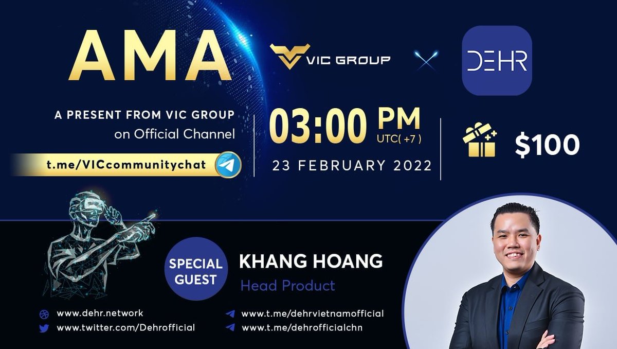 VIC_Vietnamese's tweet photo. 💥VIC Group will host an AMA with @DehrOfficial and Guest Mr. Khanh Hoang, Head Product of DeHR.
⏰Time: 03:00 P.M. UTC+7, February 23rd, 2021.
🤑Reward: $100.
👉https://t.co/DQudG3kfd8
🥳Join with us!🚀🚀🚀
#DeHR #VICGroup #KretosVentures https://t.co/AoS9eHR09u