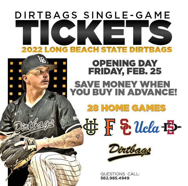 Dirtbag Nation, our home opener series is THIS WEEKEND!

Don’t miss your chance to come out to Bohl Diamond at Blair Field and see your No. 6 ranked Dirtbags take on Sacramento State!

Season and single-game tickets are on sale at longbeachstate.com/DirtbagsTickets

#skoBags