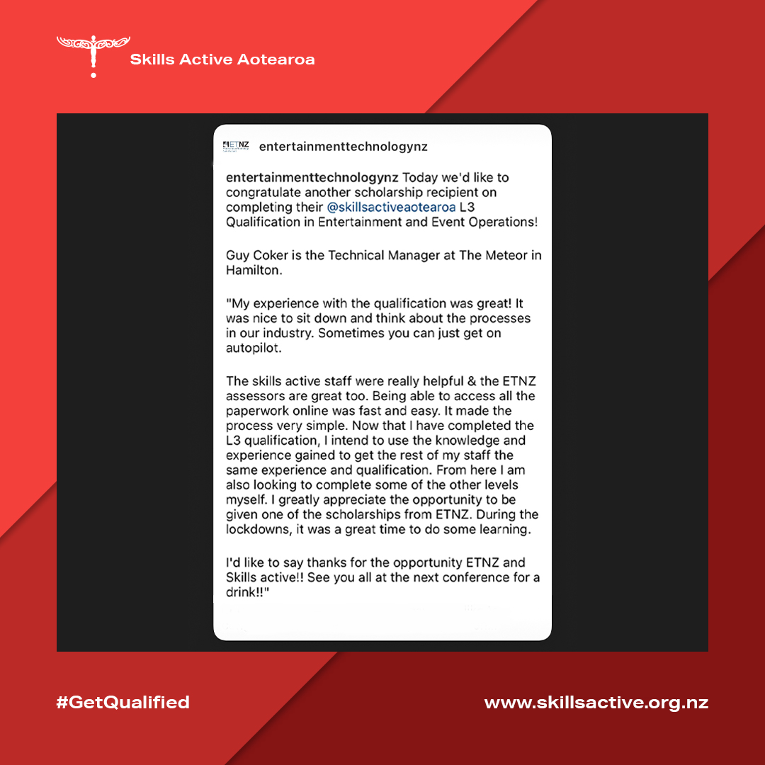 Ka rawe Guy 🙌 Great to see you complete the NZ Cert in Entertainment &amp; Event Operations (L3). We love your dedication &amp; attitude to learning - awesome to hear you hope to encourage your team to follow in your footsteps. Ka pai! 
#SkillsActive #theatretech #backstage