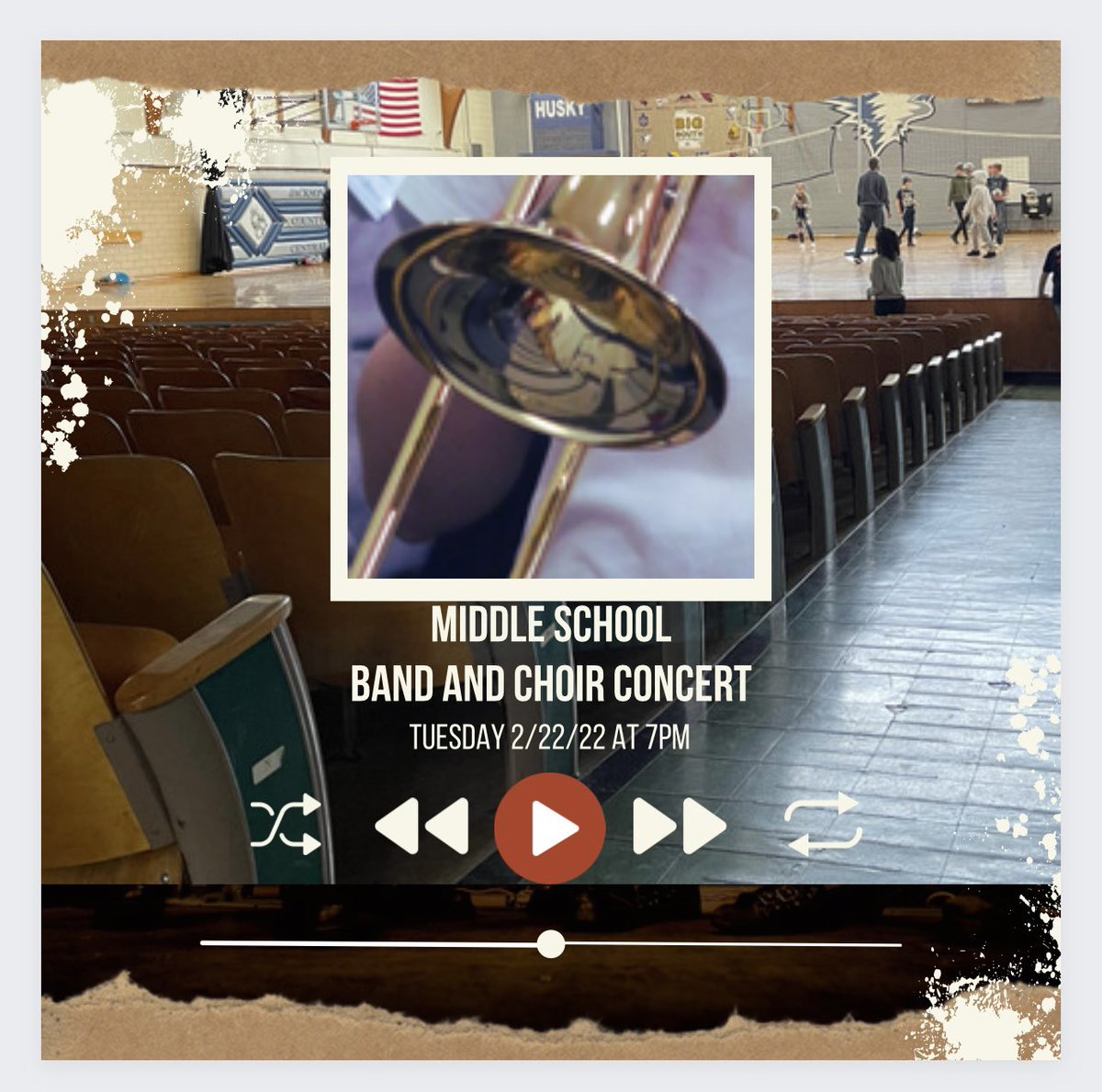 The middle school band and choir concert is tomorrow night (Tuesday 2/22/22) at 7pm in the Ms gym