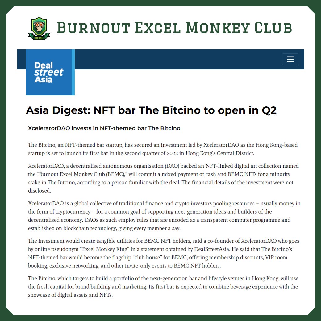📌Deal Highlights
1⃣ First NFT-themed Bar in HK | First deal in HK financed by NFT | First HK Startup backed by a HK NFT DAO
2⃣ Bitcino accepted an offer price of 100 SOL per BEMC NFT
3⃣ BEMC holders would enjoy the right of first refusal on receiving future airdrops from Bitcino