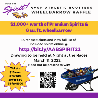 Avon Athletic Booster's "We've Got Spirit" Raffle is back in 2022! Grand Prize is a 6 cu. ft. Wheelbarrow filled with $1000+ in premium spirits! Drawing will be held March 11 at AAB's Night at the Races. Winner need not be present to win!!
Info &amp; Tickets: my.cheddarup.com/c/aabspirit22