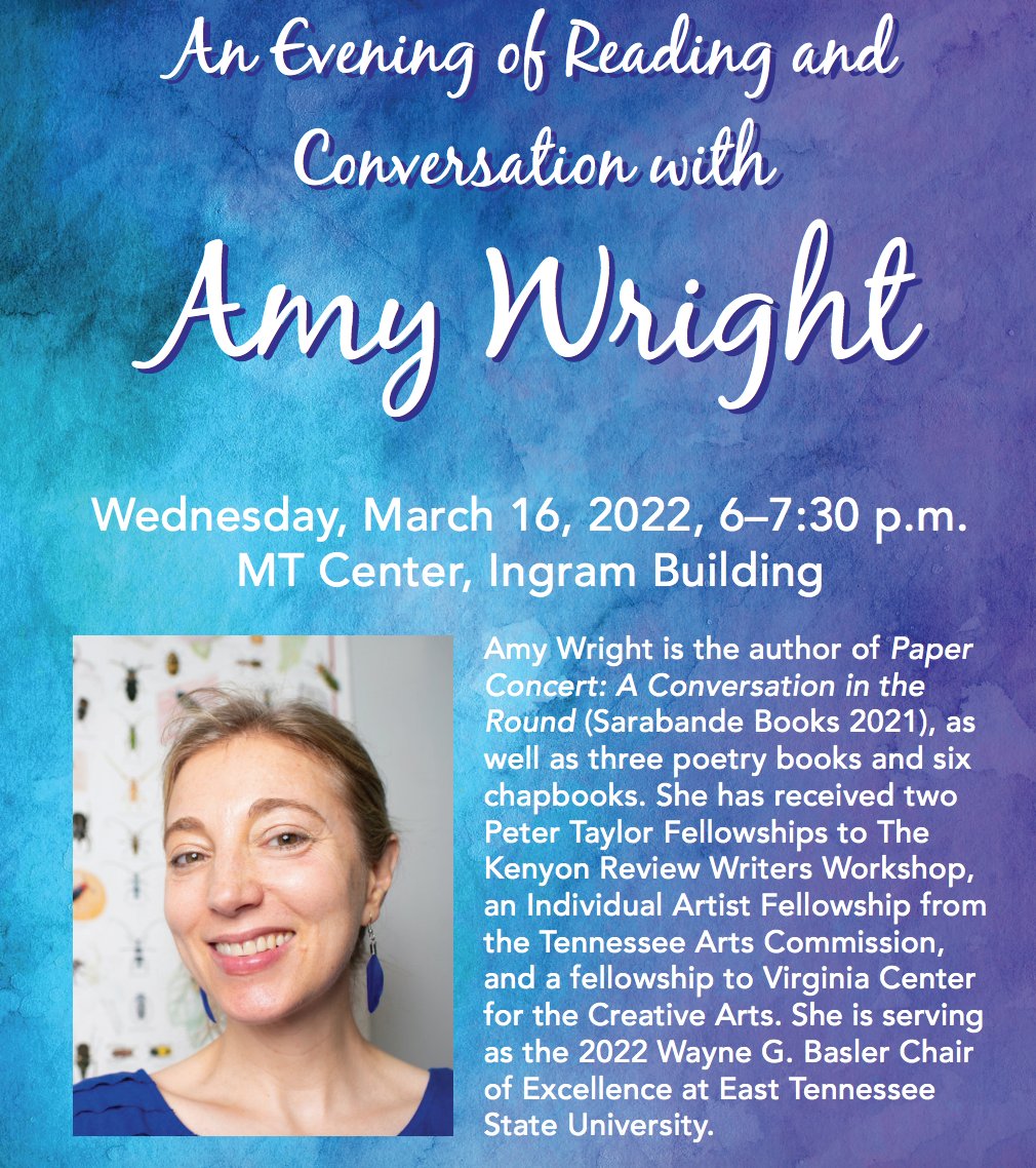 We are excited to host @amymwright at MTSU on Wednesday, March 16, MT Center, 6-7:30pm! Free and open to the public thanks to support from the Virginia Peck Trust Fund! Come on out! @mtsuenglish