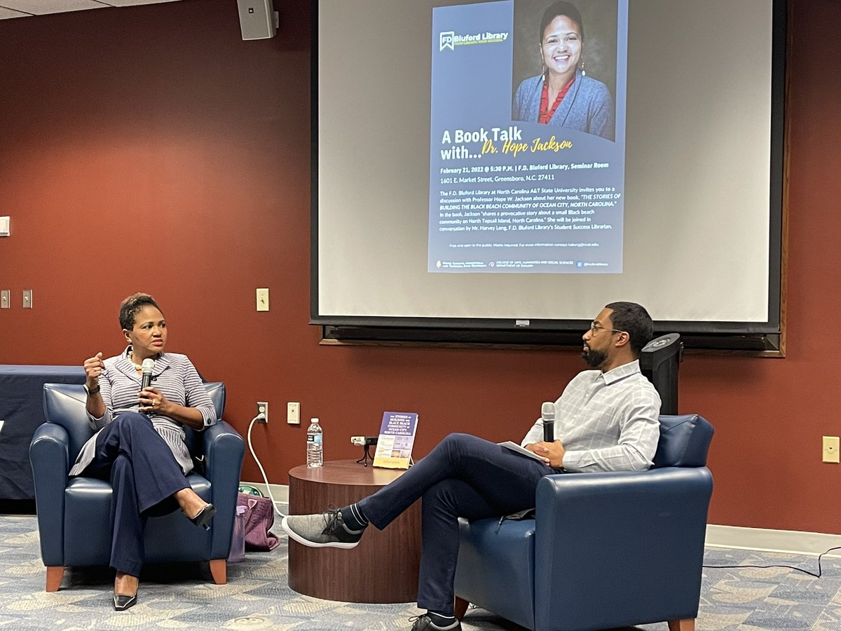 Dr. Hope Jackson rocking her talk with NCAT student success librarian Harvey Long on the release of her new book, “The Stories of Building the Black Beach Community of Ocean City, North Carolina.” #NCAT