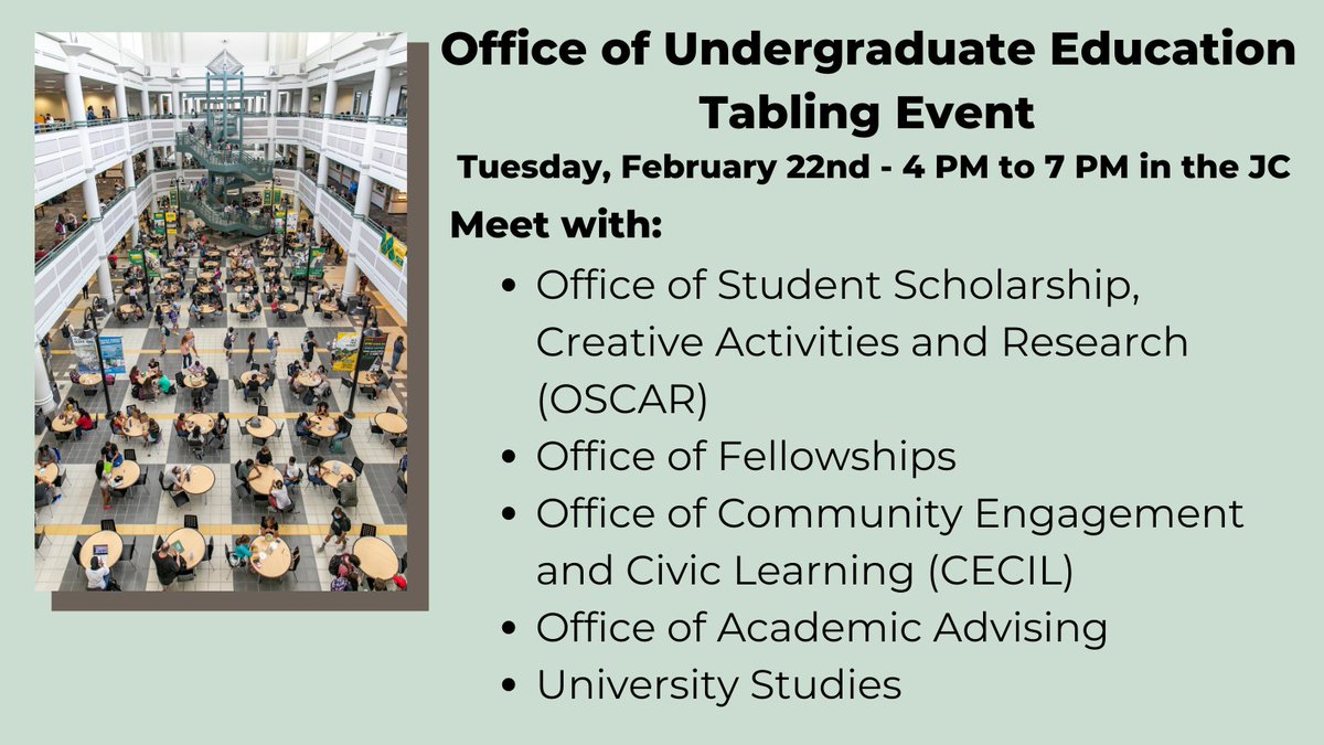 Mason_Impact's tweet photo. Tomorrow 2/22 4pm-7pm: The offices that make up the Office of Undergrad Ed will be tabling in the JC! Meet our offices, get your questions answered and see how these offices are interconnected #MasonNation @Mason_OSCAR @GMUFellowships @gmu_cecil @gmu_univstudies https://t.co/JyAebbDBE6