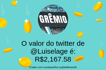 Luiselage's tweet image. Meu valor no Twitter é: R$2,167.58

Descubra o seu com funaround.me/twitterworth?l…

⠀