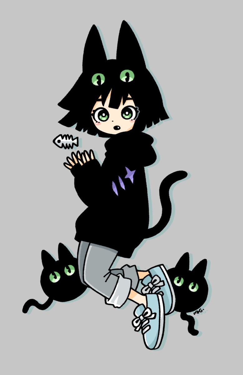 1girl animal ears tail black hair cat ears green eyes cat tail  illustration images