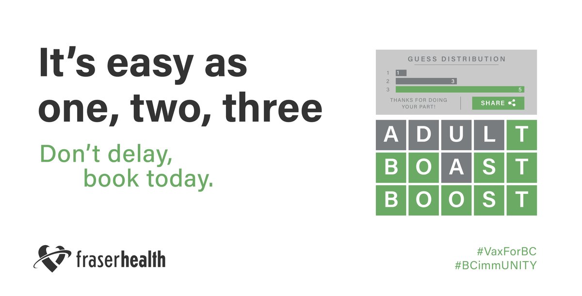 Fraserhealth's tweet photo. When your turn for a booster dose comes, don’t delay, book right away. New appointments are added daily.
Learn more: https://t.co/tnJVWfZB0c | #VaxForBC #BCimmUNITY https://t.co/5BiRKwxbI9