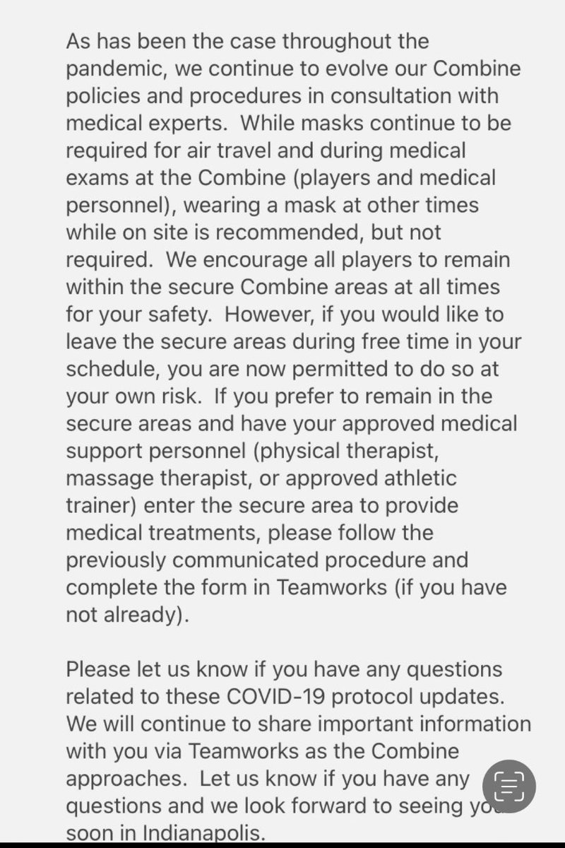 AdamSchefter's tweet photo. Combine has been “unbubbled” for players in attendance, per a memo sent out tonight. https://t.co/916Up4E8LB