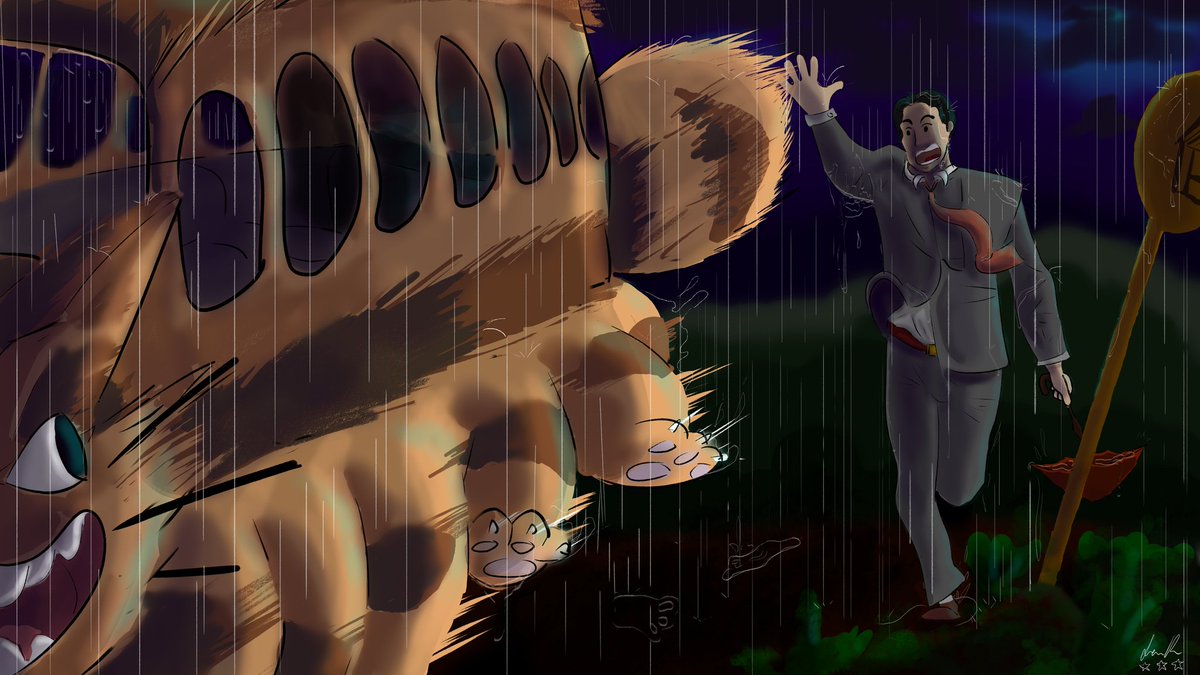 OrionhartLive's tweet photo. From an upcoming @GartistCorner speedpaint/timelapse episode... I bring you:
Salaryman Chases Catbus in the Rain (2022)
#Ghibli #fanart #krita #gartists https://t.co/1DNoOQ9sL9