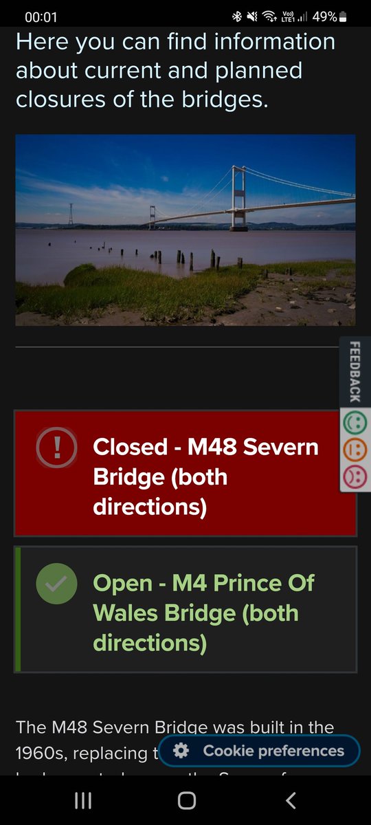 Bow9n93's tweet photo. @2SevernBridges @NationalHways this is very conflicting to what you website is currently daying @ 00:02. 
Can you please confirm which bridge is actually open please. https://t.co/sudNnpwAQP
