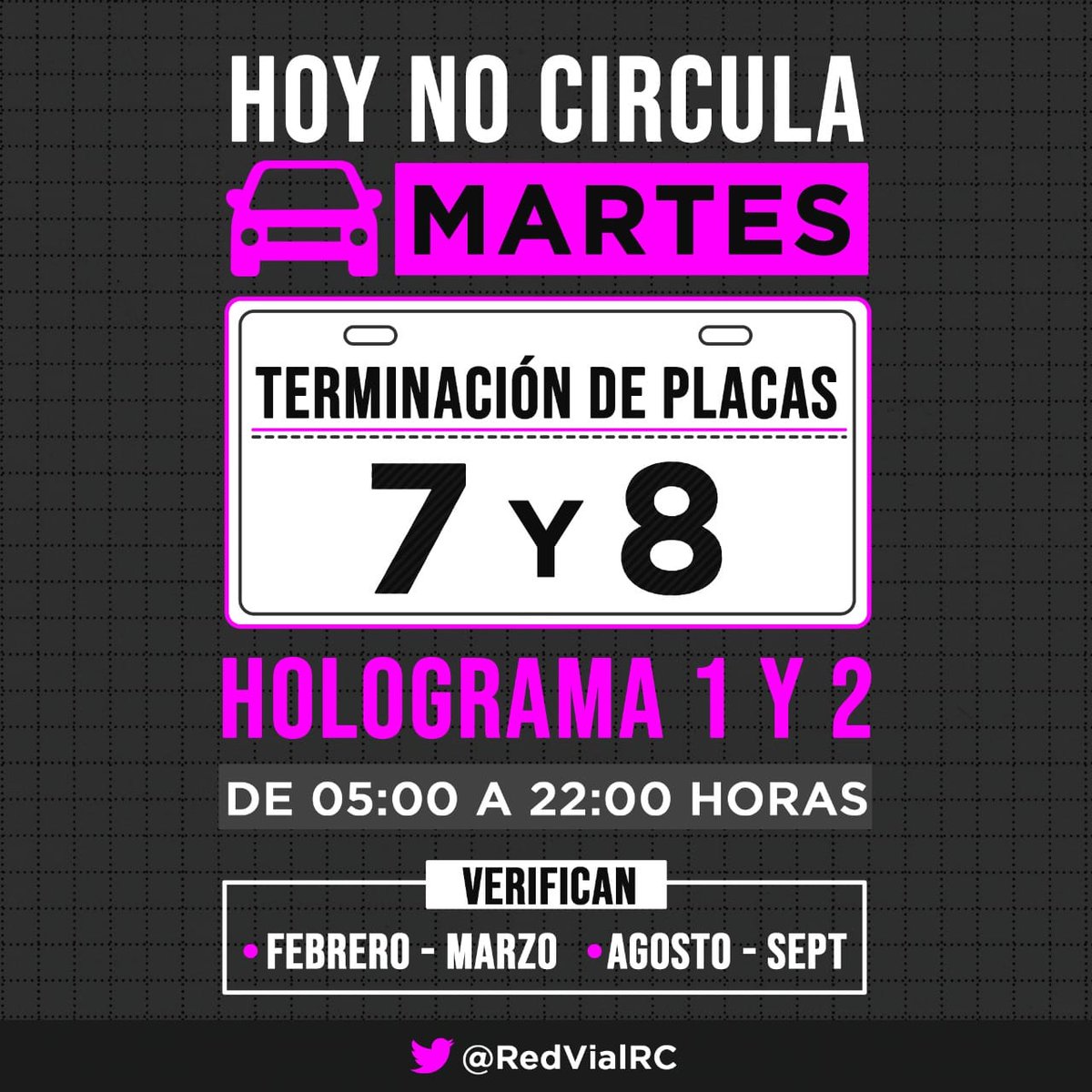 RedVialRC's tweet photo. #FelizNoche
Recuerda que, los autos con engomado rosa, terminación de placas 7 y 8, con hologramas 1 y 2, NO deberán de circular el día de mañana.
#TipsRVial https://t.co/6jLzTU7Zag