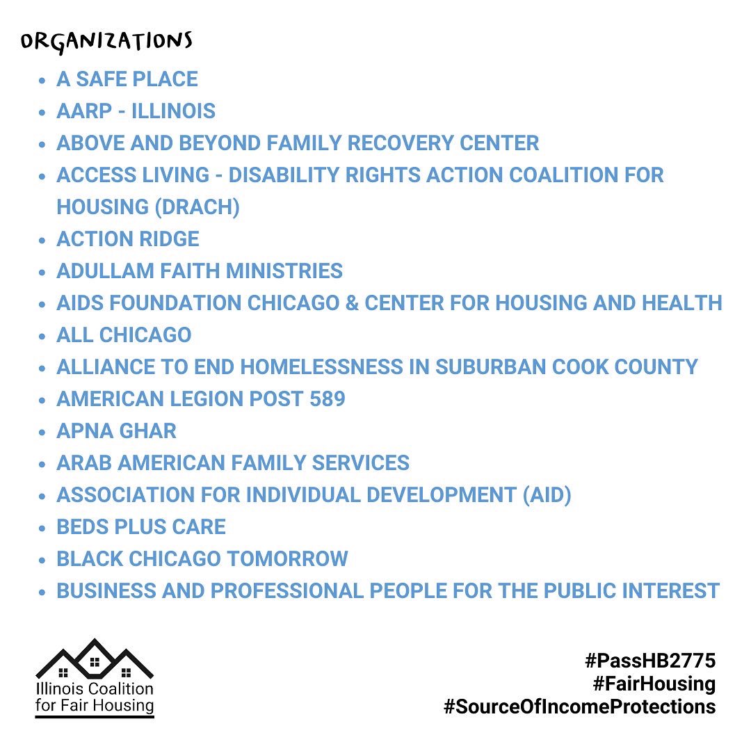 CAFHA's tweet image. There are over 160 organizations who have endorsed the Illinois Coalition for Fair Housing #SourceofIncome Campaign. We’ll be shouting them out this week. Let’s #PassHB2775 to expand #housingopportunities for all the people of Illinois.