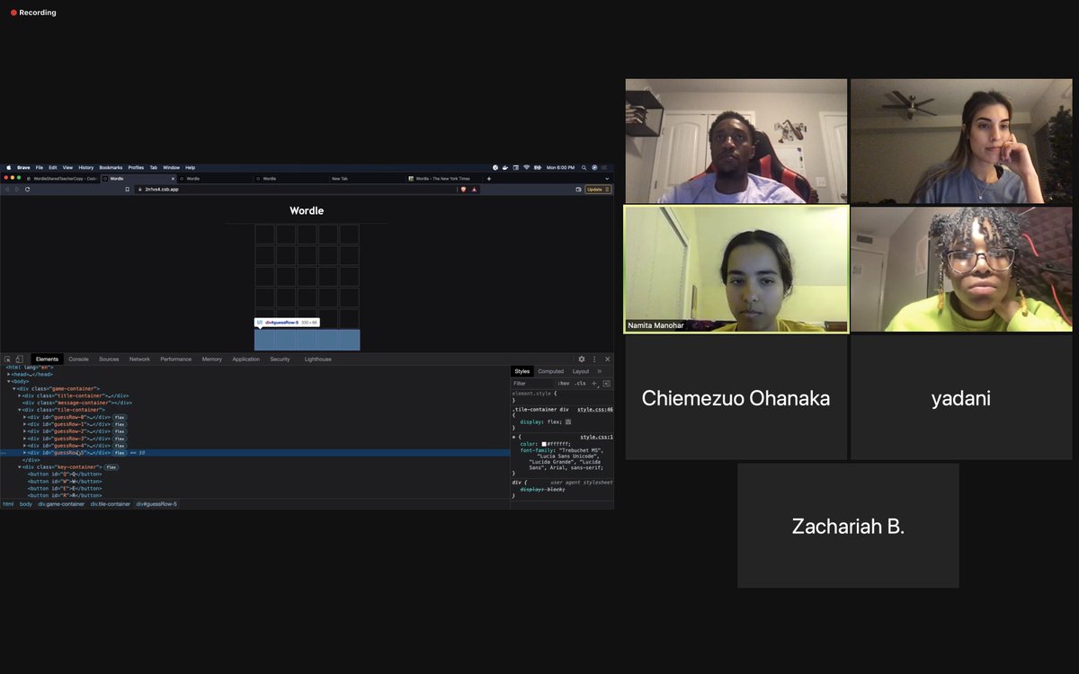 Inspecting our Wordle project! This is day 1 of building our JavaScript version of Wordle. Our kids are the future of tech 👩🏽‍💻👩🏾‍💻🧑🏿‍💻 #includethem <a href="/nytimes/">The New York Times</a> 

#Diversity #diversityintech #technology #techtwitter #blacksintech #LatinxInTech #womenintech #WomenInSTEM #education #equity