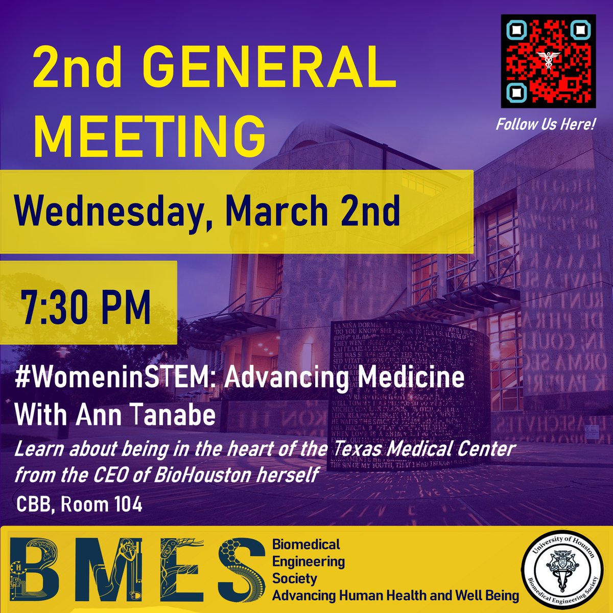 It is time for our 2nd General Meeting! Our guest speaker will be Ann Tanabe, the CEO of @biohoustontx who will be talking about BioHouston as the heart of Houston's medical district! We look forward to seeing you all there!

#engineer #medicine #womeninstem