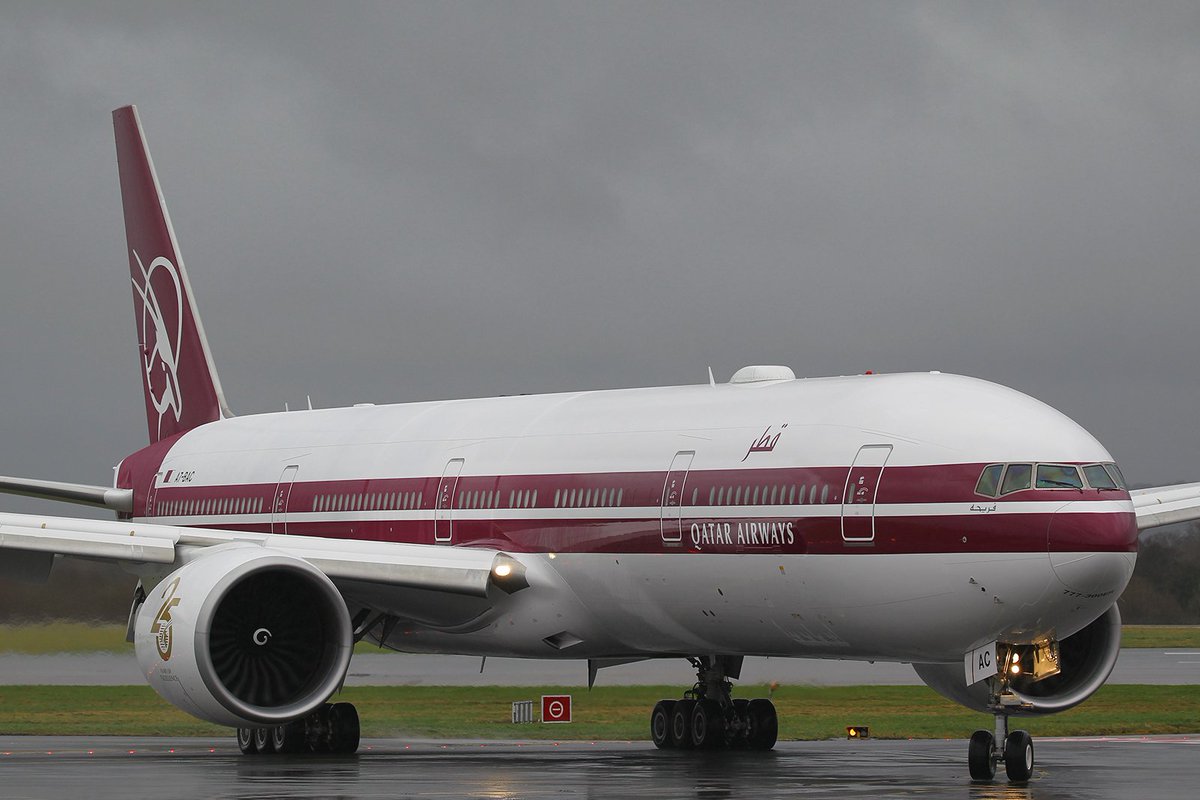 SwannBarry's tweet photo. Welcome to Manchester A7-BAC Boeing 777 Qatar Airways 25 Years anniversary retro scheme arrives to a very wet Manchester @b777300er @b777xlovers @boeing777 #boeing @boeinglovers✈ @qatarairways @qatar @25years #anniversary #retro #retroscheme https://t.co/oeLXWpl5Ko
