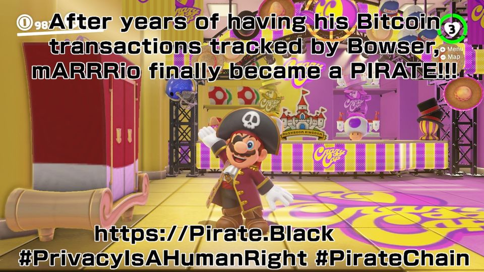 It's a me, mARRRio!!!
$ARRR #PirateChain #ARRRisFreedom #PrivacyIsAHumanRight #Pirate4Life #MarioOdyssey #GoodLuckTrackingMarioNow